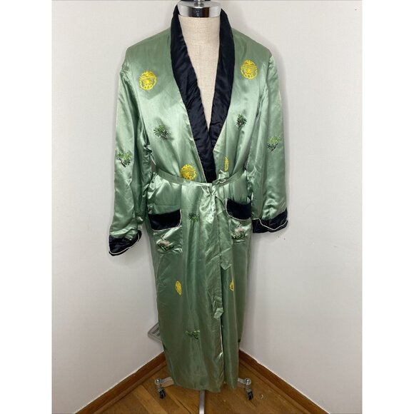 Other - Vintage 100% Silk Kimono Robe Light Green Black XXL Embroidered Bird Floral Leaf